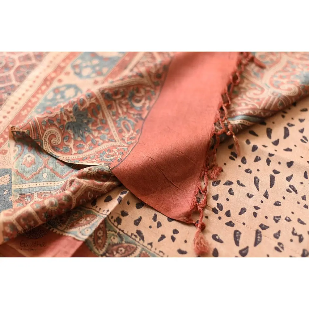 shop handmade ajrakh printed Tussar Silk saree