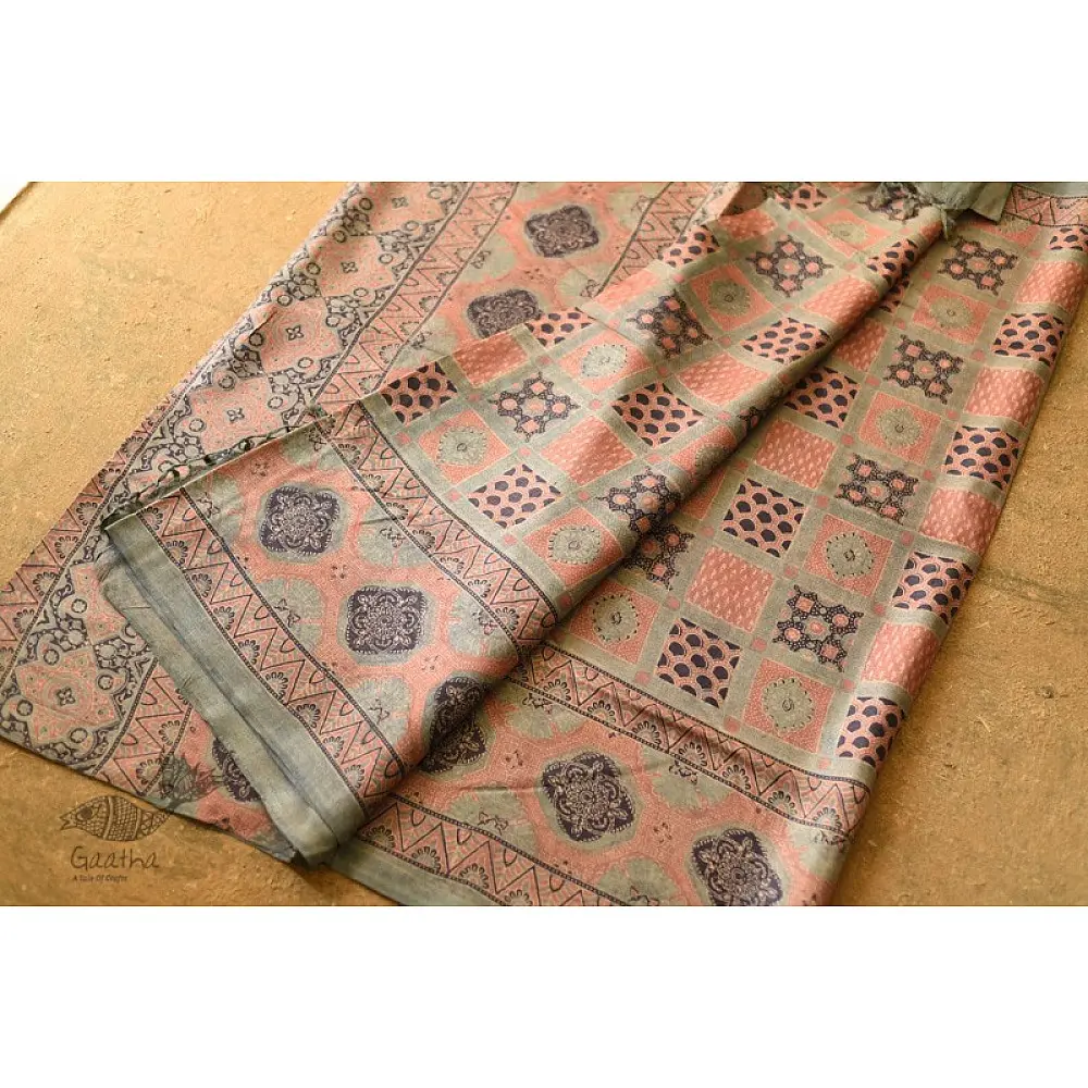 shop handmade ajrakh printed Tussar Silk saree