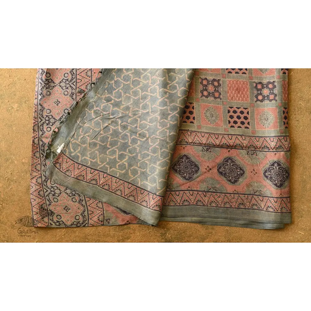shop handmade ajrakh printed Tussar Silk saree