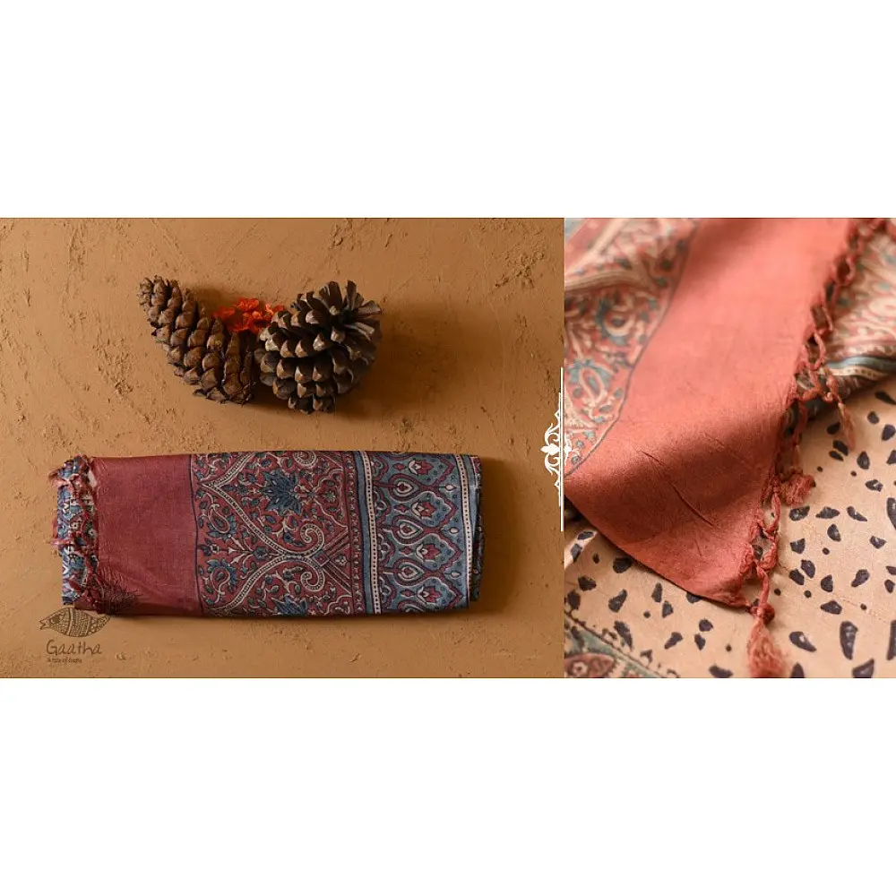 shop handmade ajrakh printed Tussar Silk saree
