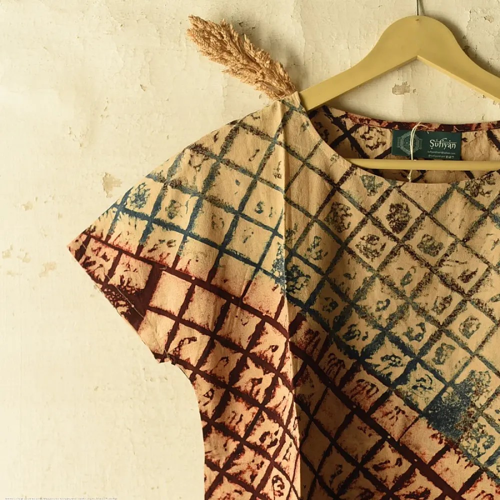 cream madder red indigo blue ajrakh cotton top diagonal diamond jaal block print hand block printed boxy fit artisanal blouse women sustainable fashion natural dyed