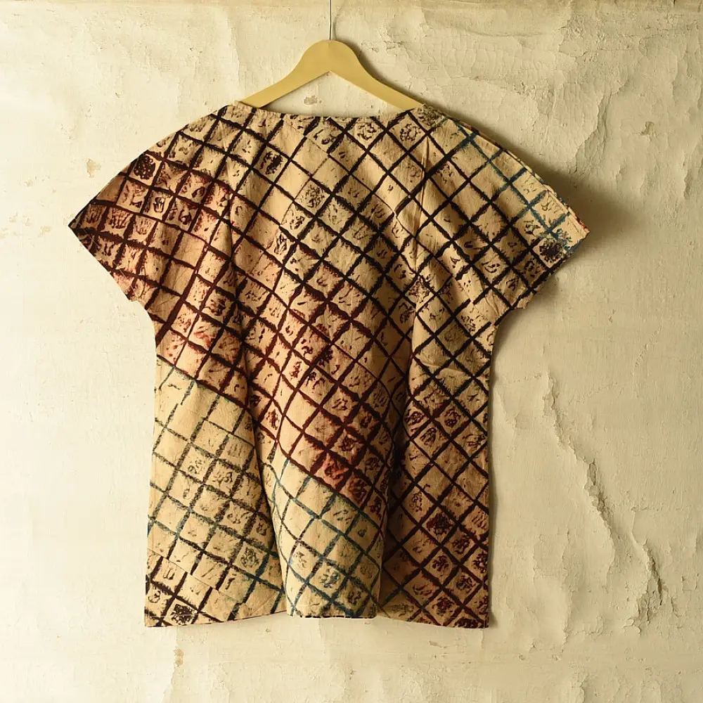 cream madder red indigo blue ajrakh cotton top diagonal diamond jaal block print hand block printed boxy fit artisanal blouse women sustainable fashion natural dyed