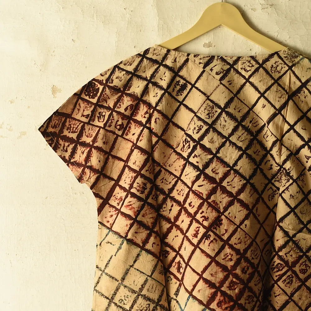 cream madder red indigo blue ajrakh cotton top diagonal diamond jaal block print hand block printed boxy fit artisanal blouse women sustainable fashion natural dyed
