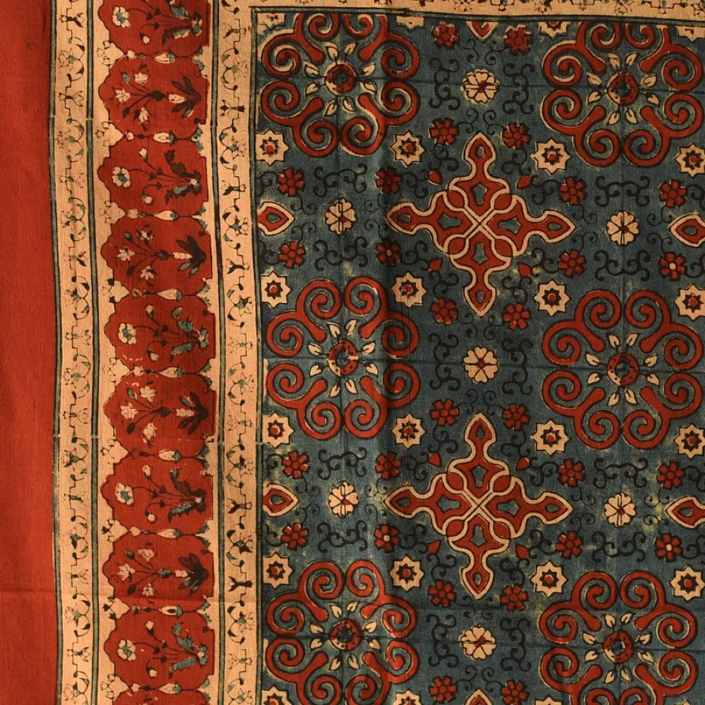 red ajrakh cotton square scarf indigo blue cream floral jaal block print hand block printed natural dyed scarf tassels