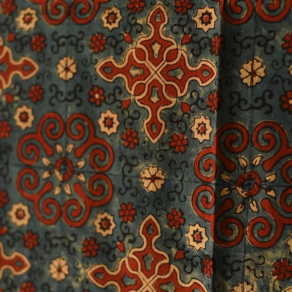 red ajrakh cotton square scarf indigo blue cream floral jaal block print hand block printed natural dyed scarf tassels