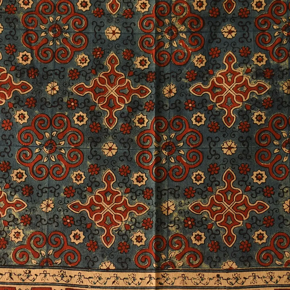 red ajrakh cotton square scarf indigo blue cream floral jaal block print hand block printed natural dyed scarf tassels