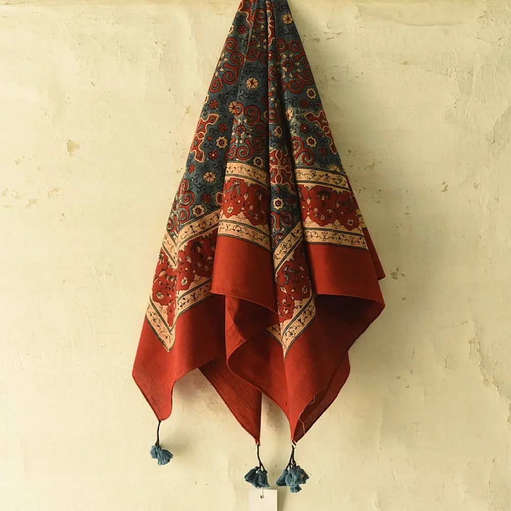 red ajrakh cotton square scarf indigo blue cream floral jaal block print hand block printed natural dyed scarf tassels