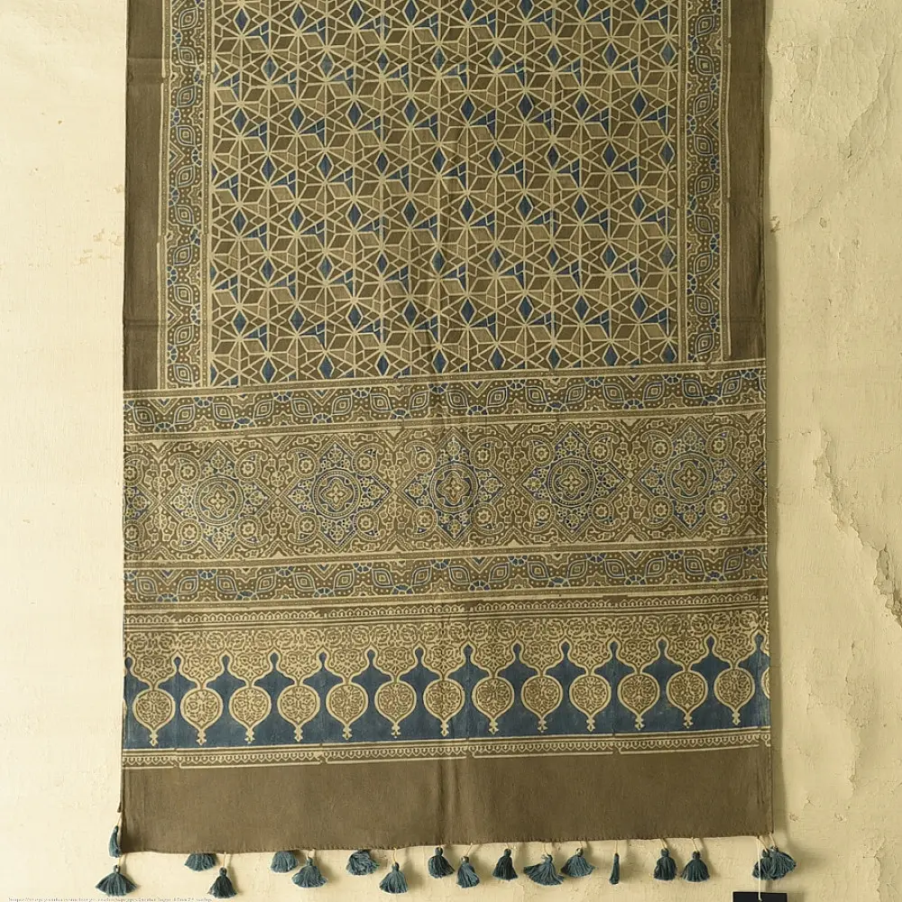 moss green teal blue ajrakh cotton stole hand block printed geometric star lattice body ornate mihrab arched border traditional artisanal scarf sustainable fashion natural dyed with tassels