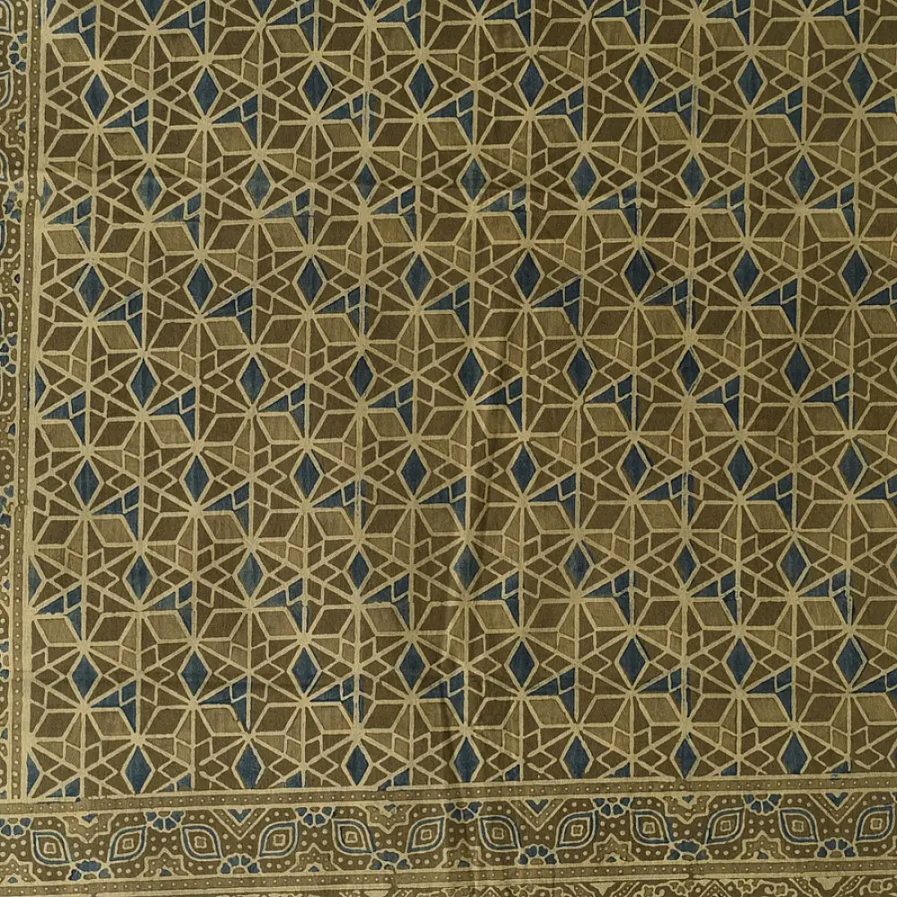 moss green teal blue ajrakh cotton stole hand block printed geometric star lattice body ornate mihrab arched border traditional artisanal scarf sustainable fashion natural dyed with tassels