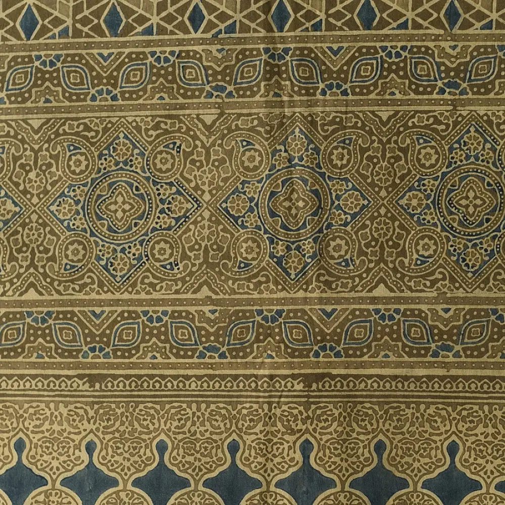 moss green teal blue ajrakh cotton stole hand block printed geometric star lattice body ornate mihrab arched border traditional artisanal scarf sustainable fashion natural dyed with tassels