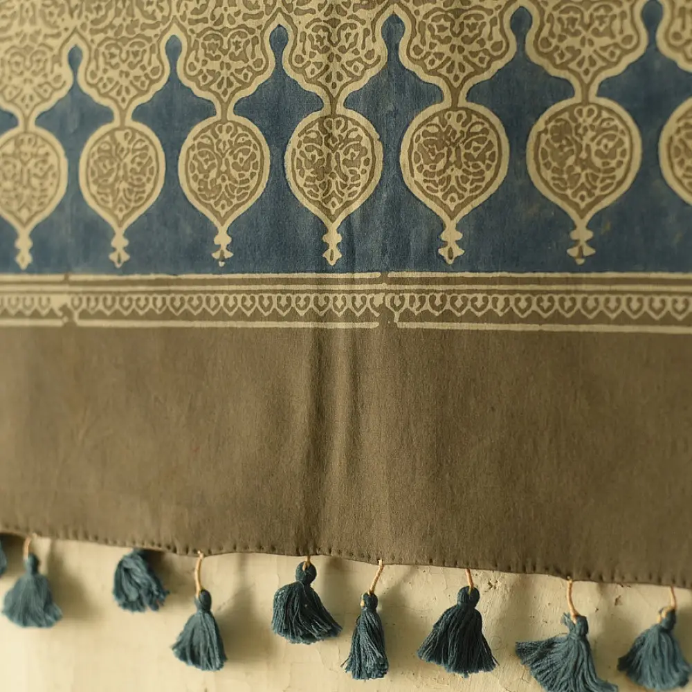 moss green teal blue ajrakh cotton stole hand block printed geometric star lattice body ornate mihrab arched border traditional artisanal scarf sustainable fashion natural dyed with tassels