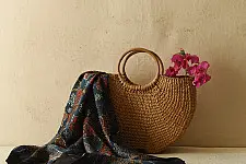 Neelanjana . नीलांजना ~ Ajrakh Flower Printed - Square Modal Silk Scarf