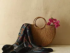 Neelanjana . नीलांजना ~ Ajrakh Flower Printed - Square Modal Silk Scarf