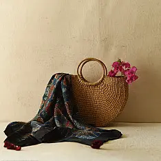 Neelanjana . नीलांजना ~ Ajrakh Flower Printed - Square Modal Silk Scarf
