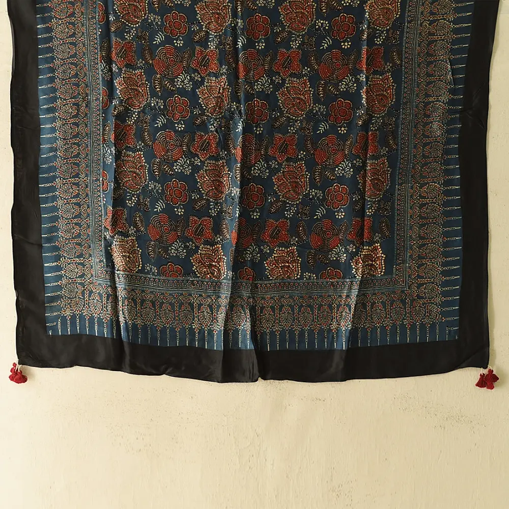indigo ajrakh silk square scarf red floral pattern hand block printed natural dyed scarf tassels