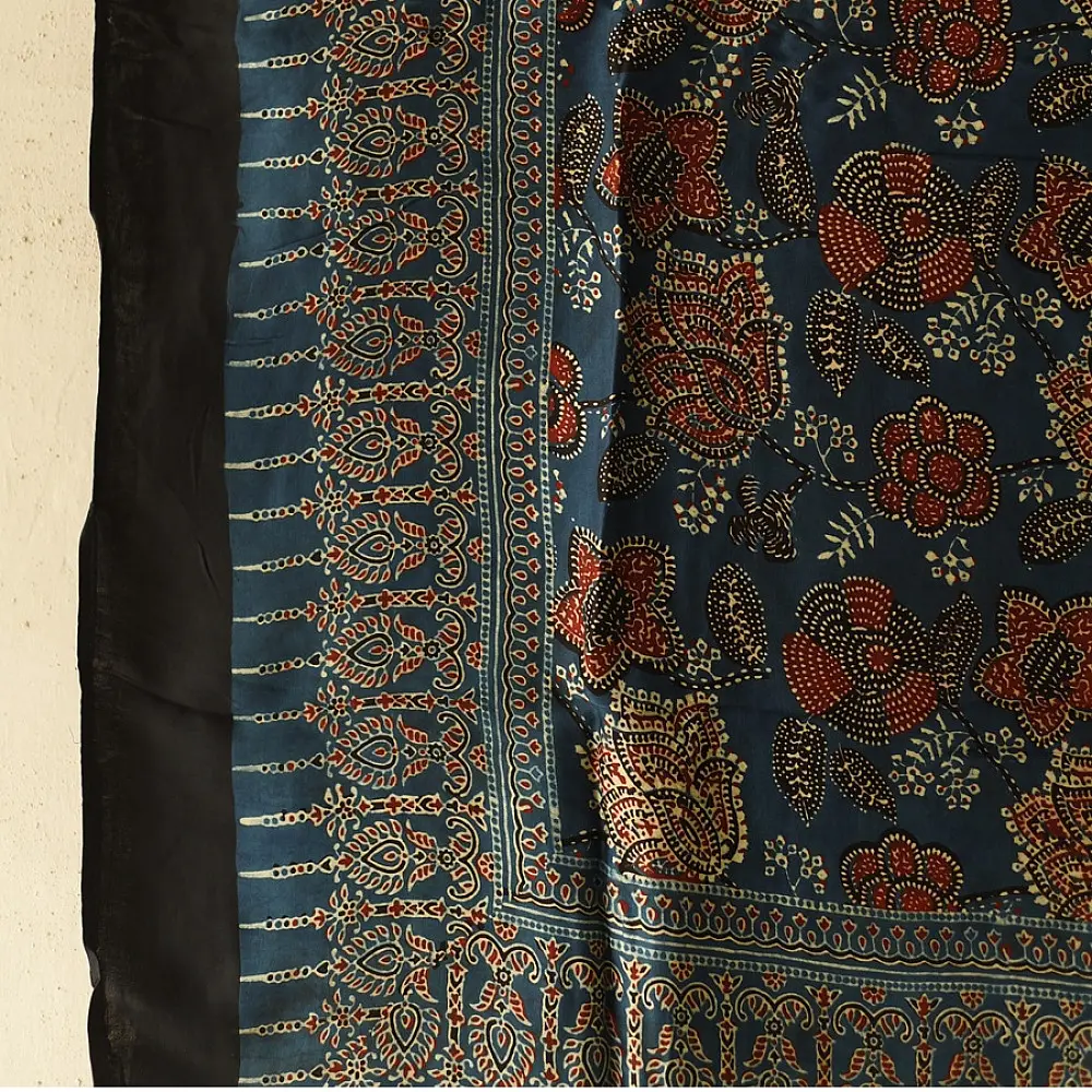 indigo ajrakh silk square scarf red floral pattern hand block printed natural dyed scarf tassels