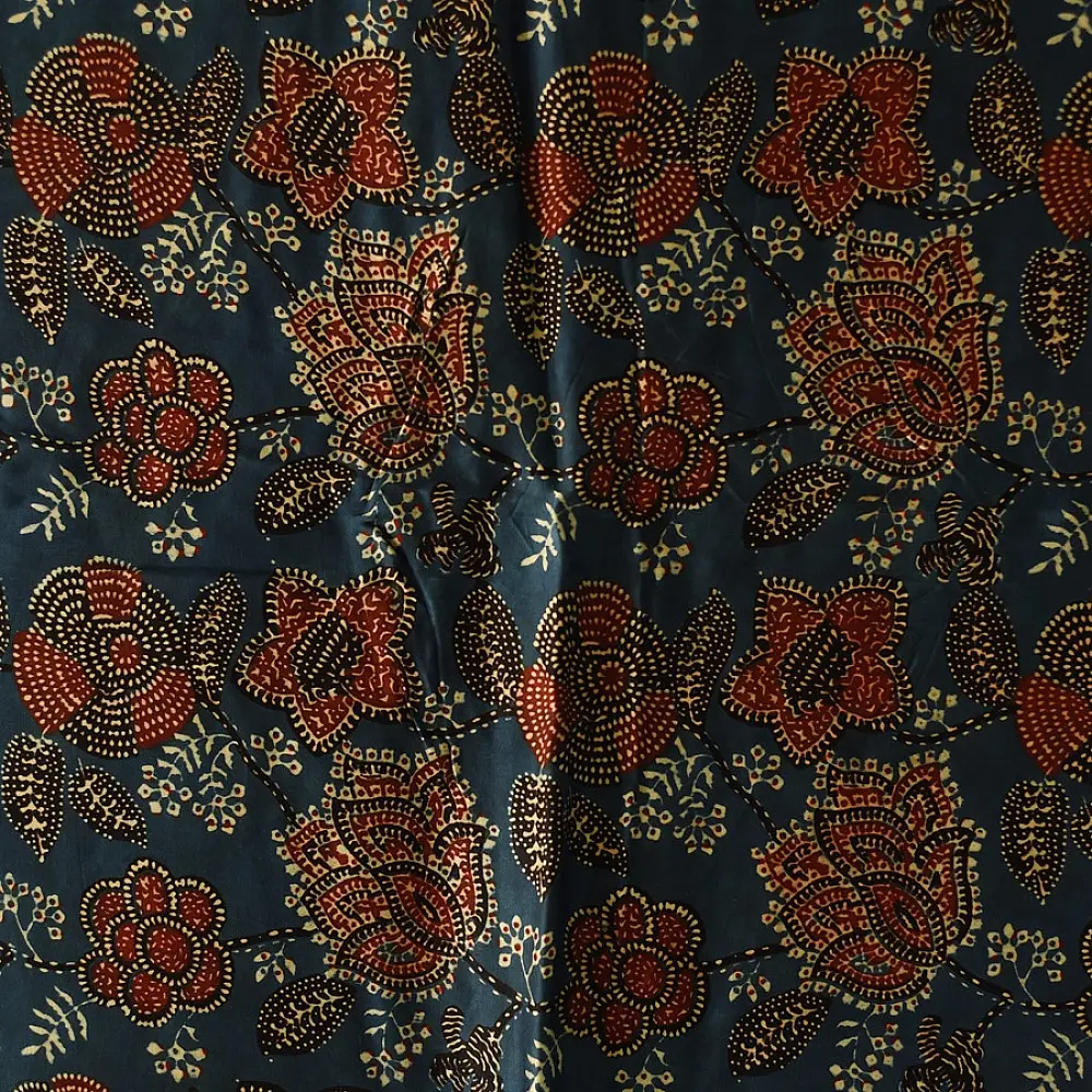 indigo ajrakh silk square scarf red floral pattern hand block printed natural dyed scarf tassels
