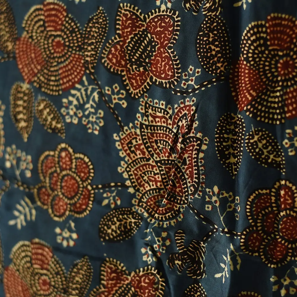 indigo ajrakh silk square scarf red floral pattern hand block printed natural dyed scarf tassels