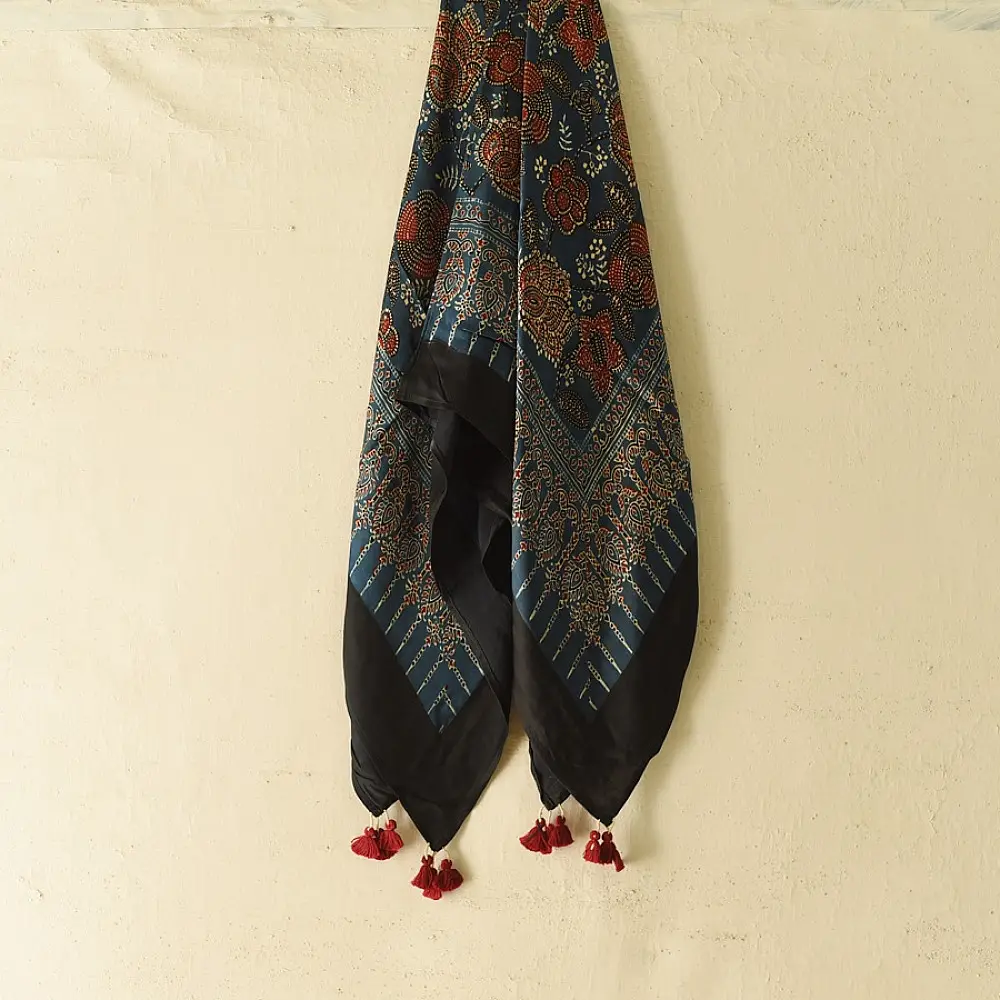 indigo ajrakh silk square scarf red floral pattern hand block printed natural dyed scarf tassels