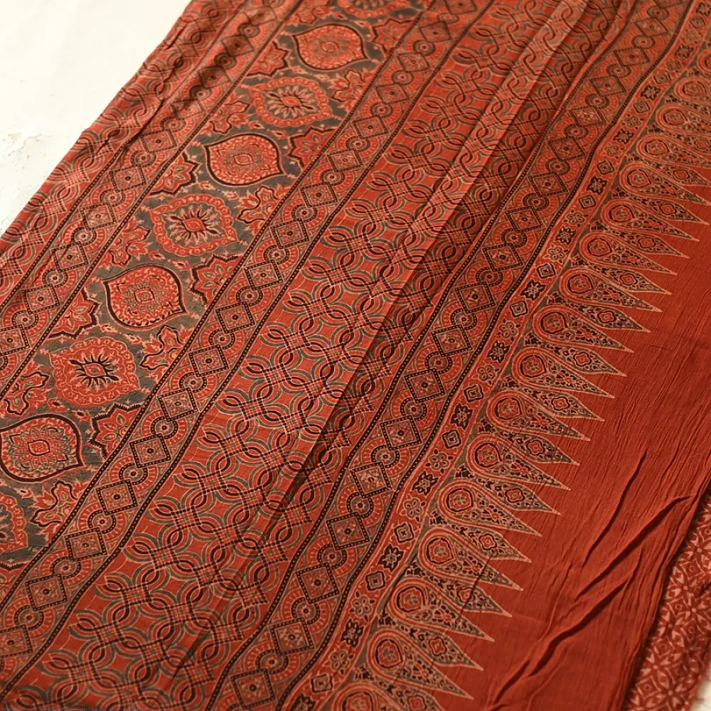 Online  Ajrakh Block Printed Mul Cotton Red Saree
