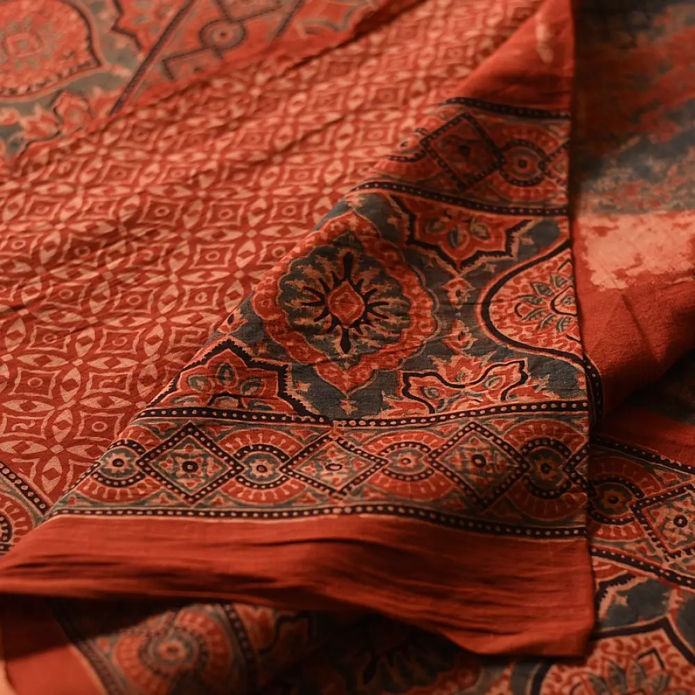 Online  Ajrakh Block Printed Mul Cotton Red Saree