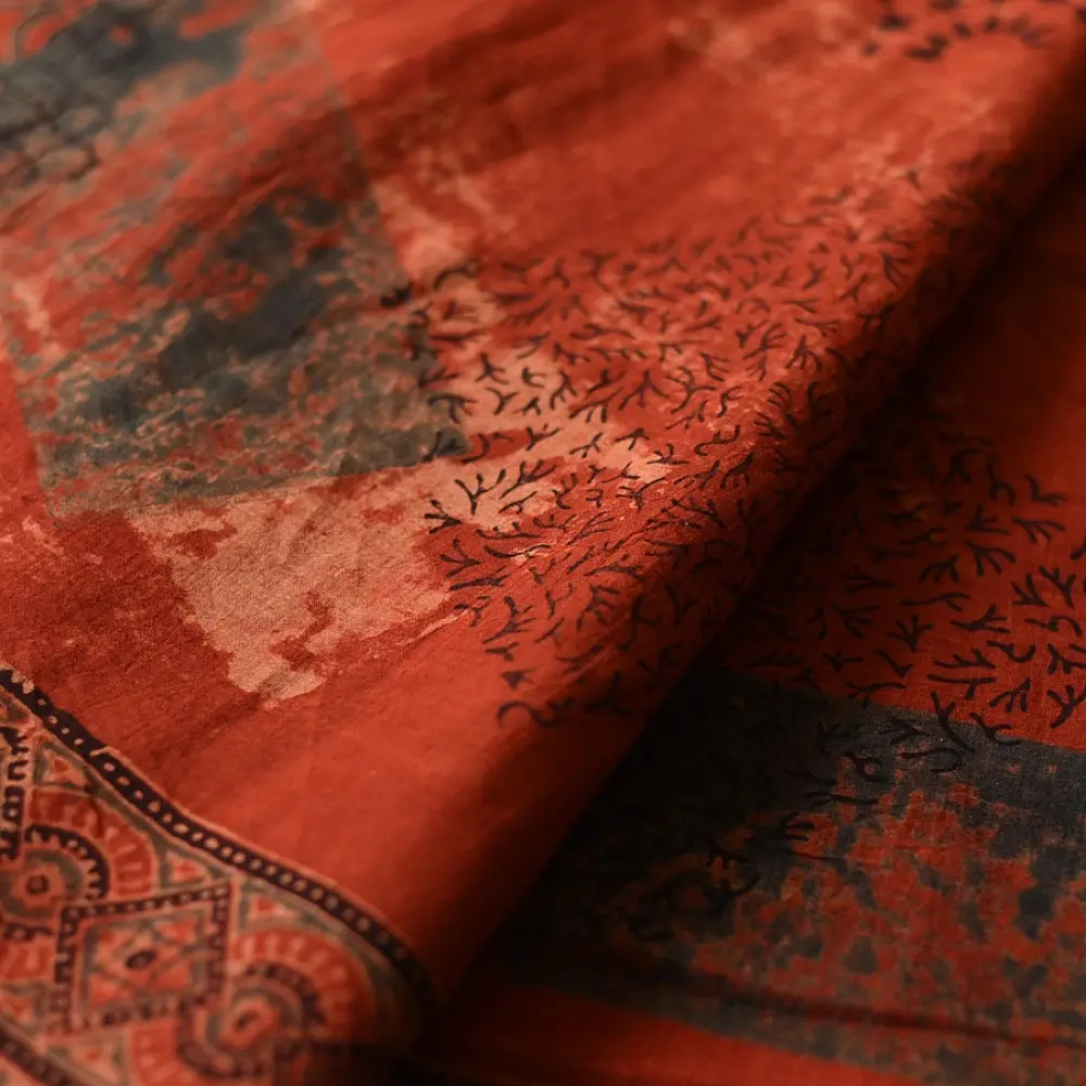 Online  Ajrakh Block Printed Mul Cotton Red Saree