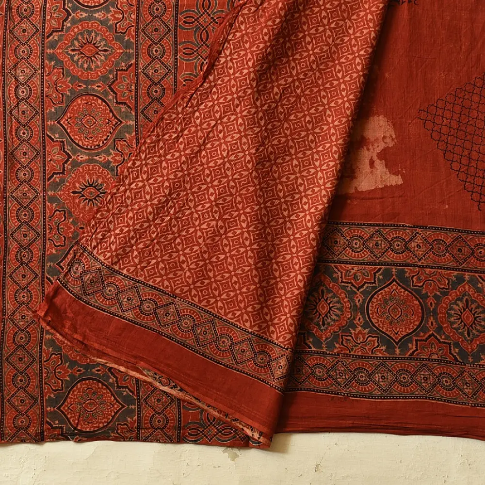 Online  Ajrakh Block Printed Mul Cotton Red Saree