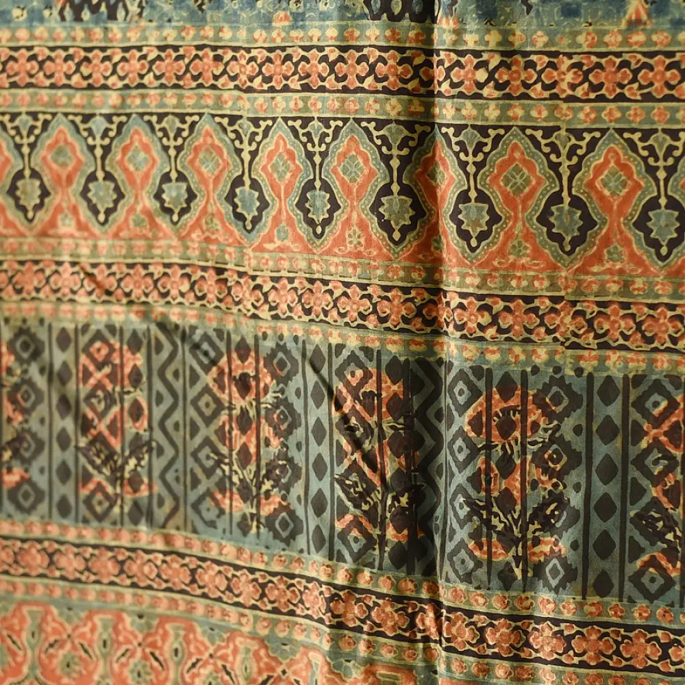 mulberry silk ajrakh dupatta black teal indigo blue diamond jaal block print geometric border terracotta red accents hand block printed natural dyed silk dupatta