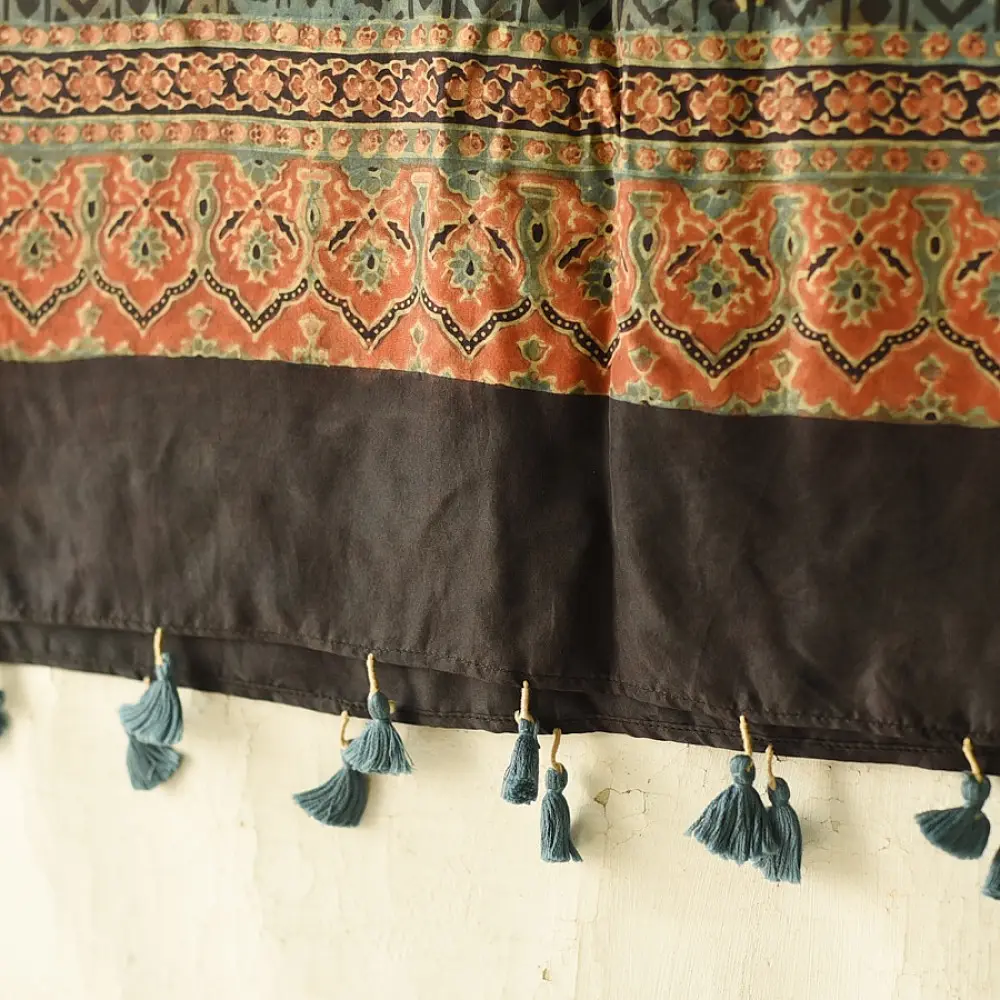 mulberry silk ajrakh dupatta black teal indigo blue diamond jaal block print geometric border terracotta red accents hand block printed natural dyed silk dupatta