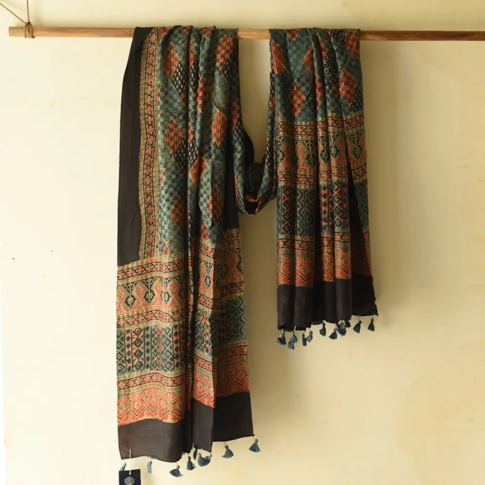 mulberry silk ajrakh dupatta black teal indigo blue diamond jaal block print geometric border terracotta red accents hand block printed natural dyed silk dupatta