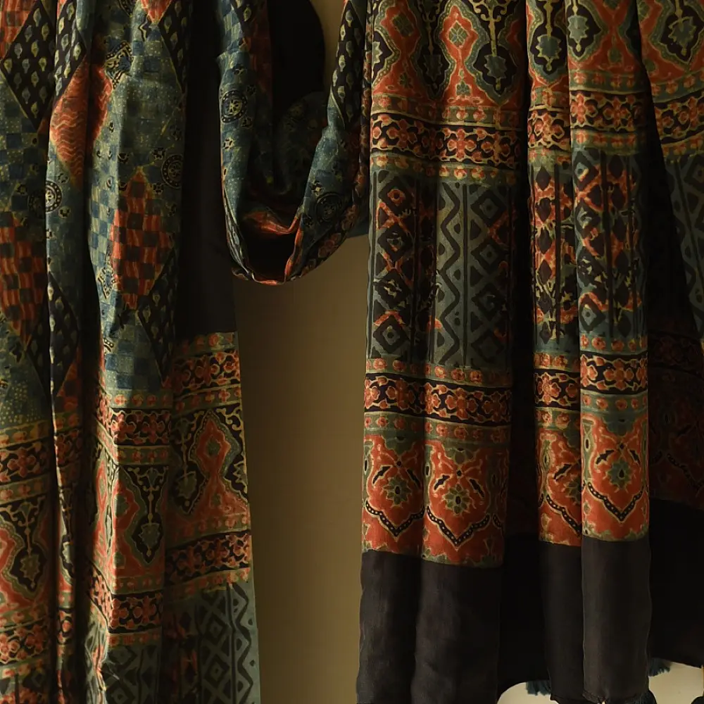 mulberry silk ajrakh dupatta black teal indigo blue diamond jaal block print geometric border terracotta red accents hand block printed natural dyed silk dupatta