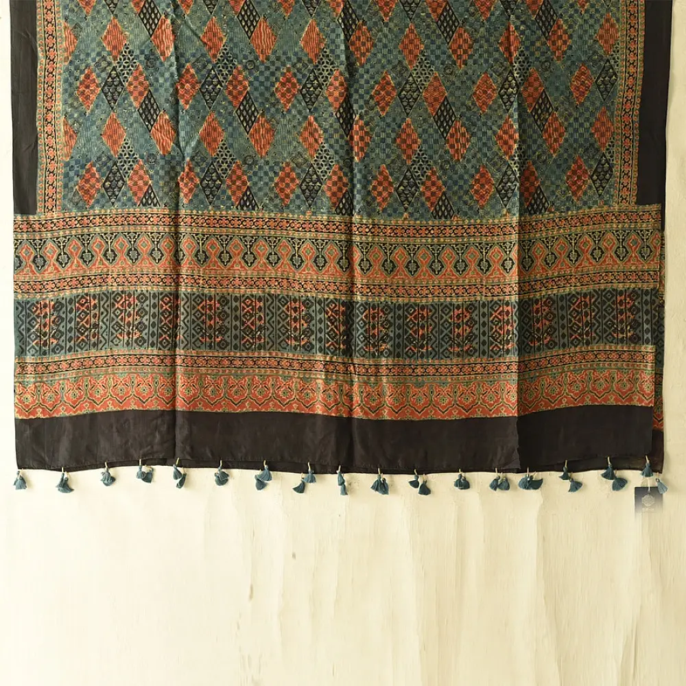 mulberry silk ajrakh dupatta black teal indigo blue diamond jaal block print geometric border terracotta red accents hand block printed natural dyed silk dupatta