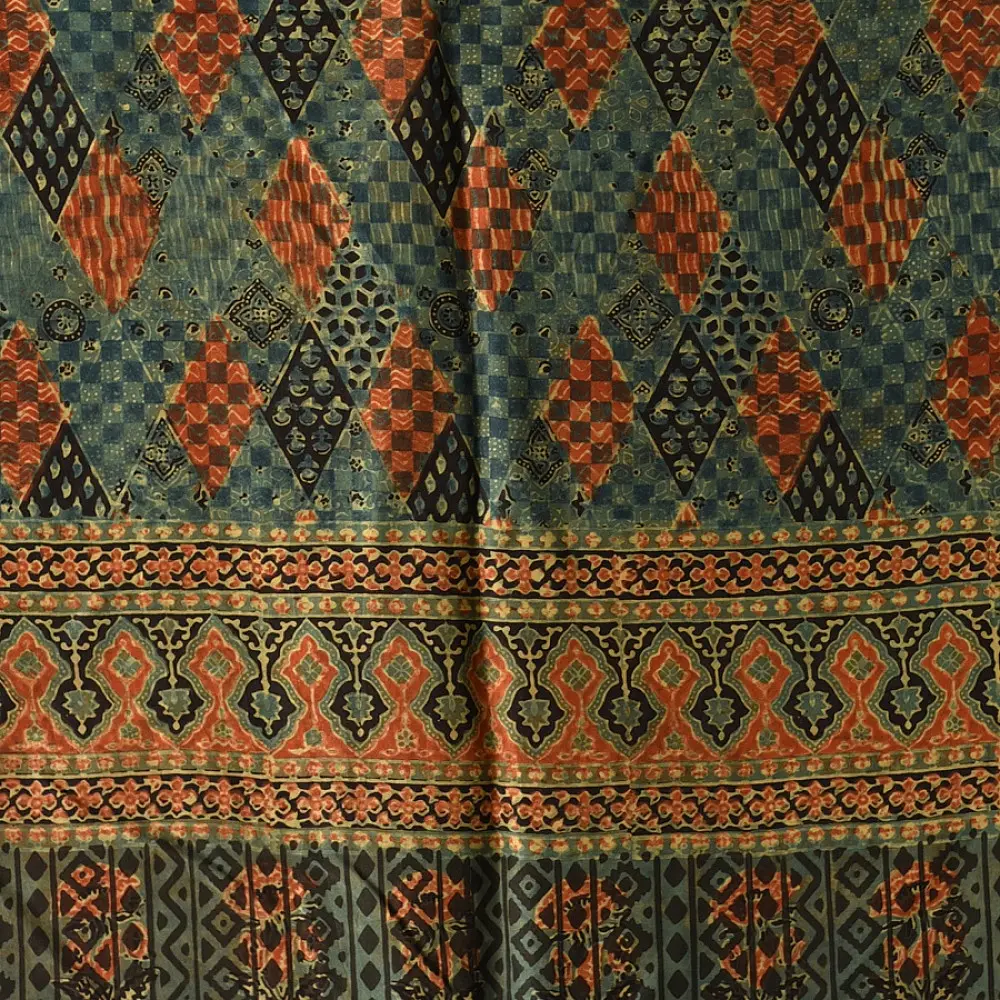 mulberry silk ajrakh dupatta black teal indigo blue diamond jaal block print geometric border terracotta red accents hand block printed natural dyed silk dupatta