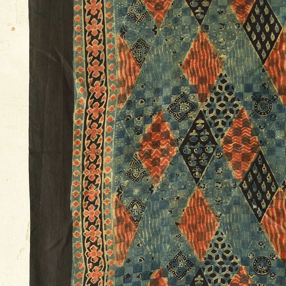 mulberry silk ajrakh dupatta black teal indigo blue diamond jaal block print geometric border terracotta red accents hand block printed natural dyed silk dupatta