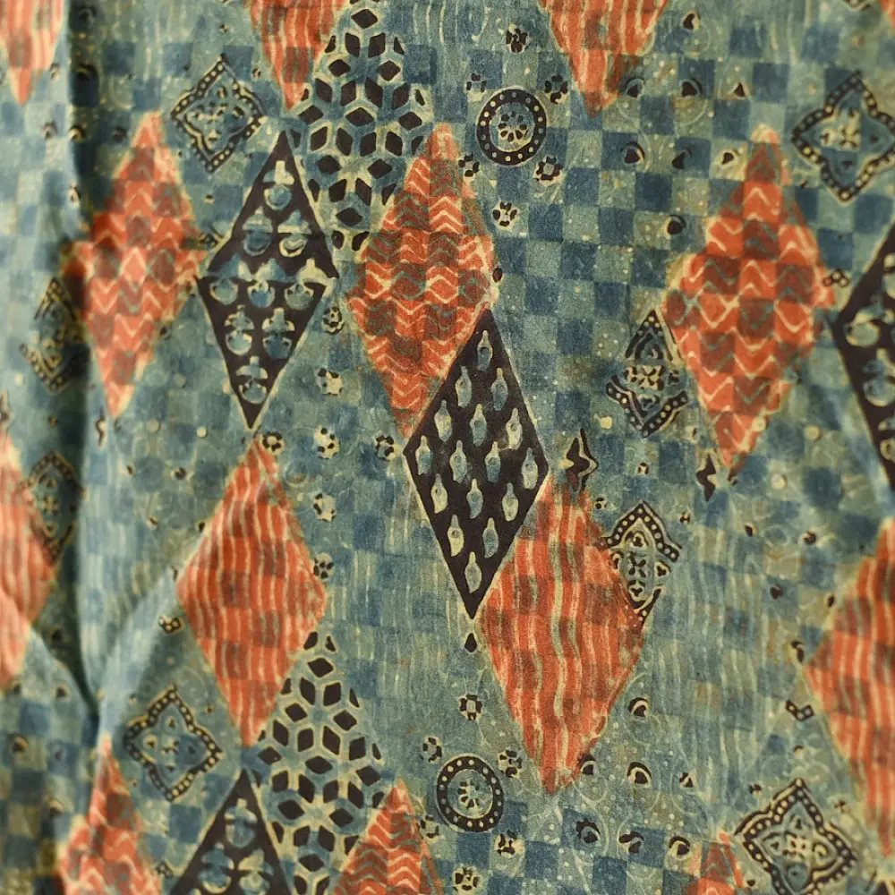 mulberry silk ajrakh dupatta black teal indigo blue diamond jaal block print geometric border terracotta red accents hand block printed natural dyed silk dupatta