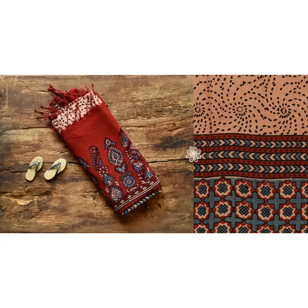 Handwoven Cotton - Ajrakh Block Printed Dupatta  Brown & Beige 