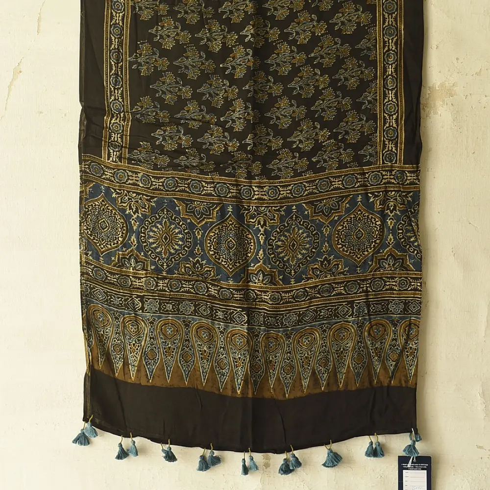 chocolate brown indigo blue moss green ajrakh modal silk dupatta hand block printed floral sprig jaal body ornate circular medallion pallu traditional mihrab arched detail wedding festive wear sustainable luxury natural dyed with tassels