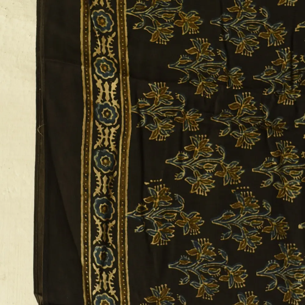 chocolate brown indigo blue moss green ajrakh modal silk dupatta hand block printed floral sprig jaal body ornate circular medallion pallu traditional mihrab arched detail wedding festive wear sustainable luxury natural dyed with tassels