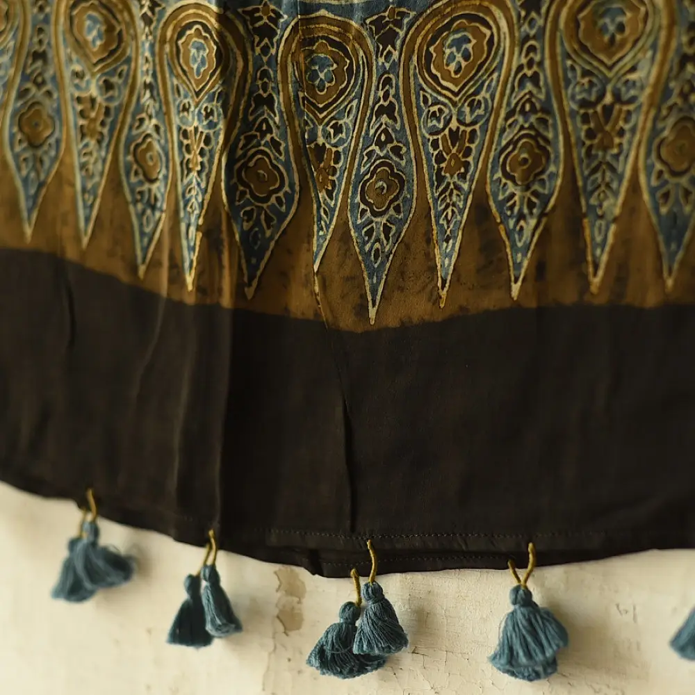 chocolate brown indigo blue moss green ajrakh modal silk dupatta hand block printed floral sprig jaal body ornate circular medallion pallu traditional mihrab arched detail wedding festive wear sustainable luxury natural dyed with tassels