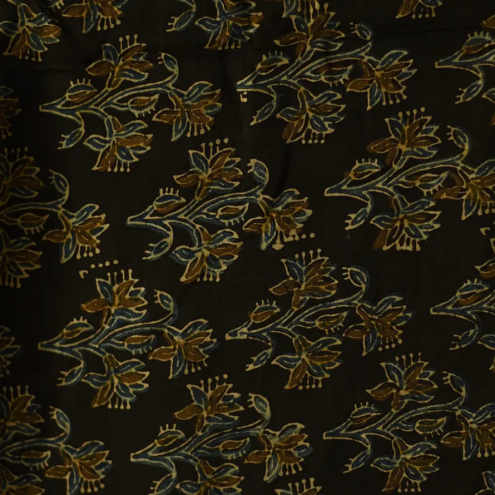 chocolate brown indigo blue moss green ajrakh modal silk dupatta hand block printed floral sprig jaal body ornate circular medallion pallu traditional mihrab arched detail wedding festive wear sustainable luxury natural dyed with tassels
