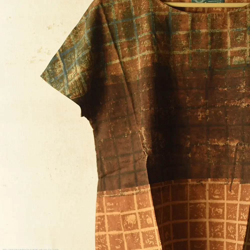 earthy brown mustard teal ajrakh cotton top geometric grid block print hand block printed boxy fit artisanal blouse women sustainable fashion natural dyed