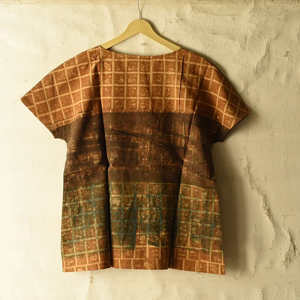 earthy brown mustard teal ajrakh cotton top geometric grid block print hand block printed boxy fit artisanal blouse women sustainable fashion natural dyed