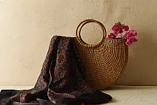 Neelanjana . नीलांजना ~ Red & Blue Ajrakh Block Printed - Square Modal Silk Scarf