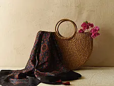 Neelanjana . नीलांजना ~ Red & Blue Ajrakh Block Printed - Square Modal Silk Scarf