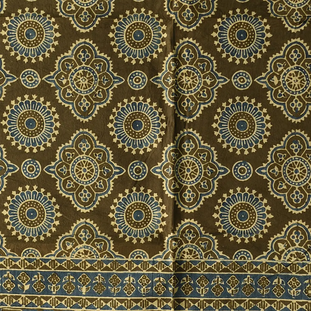 olive green ajrakh cotton square scarf indigo blue cream floral mandala block print hand block printed natural dyed scarf tassels