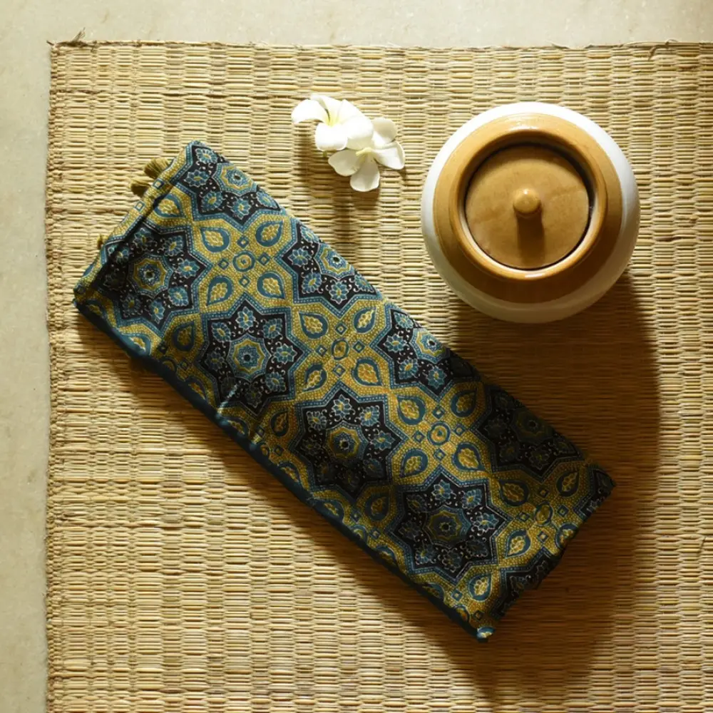 teal blue mustard gold ajrakh saree hand block printed floral medallion jaal traditional geometric borders ethnic wear sustainable fashion natural dyed with tassels
