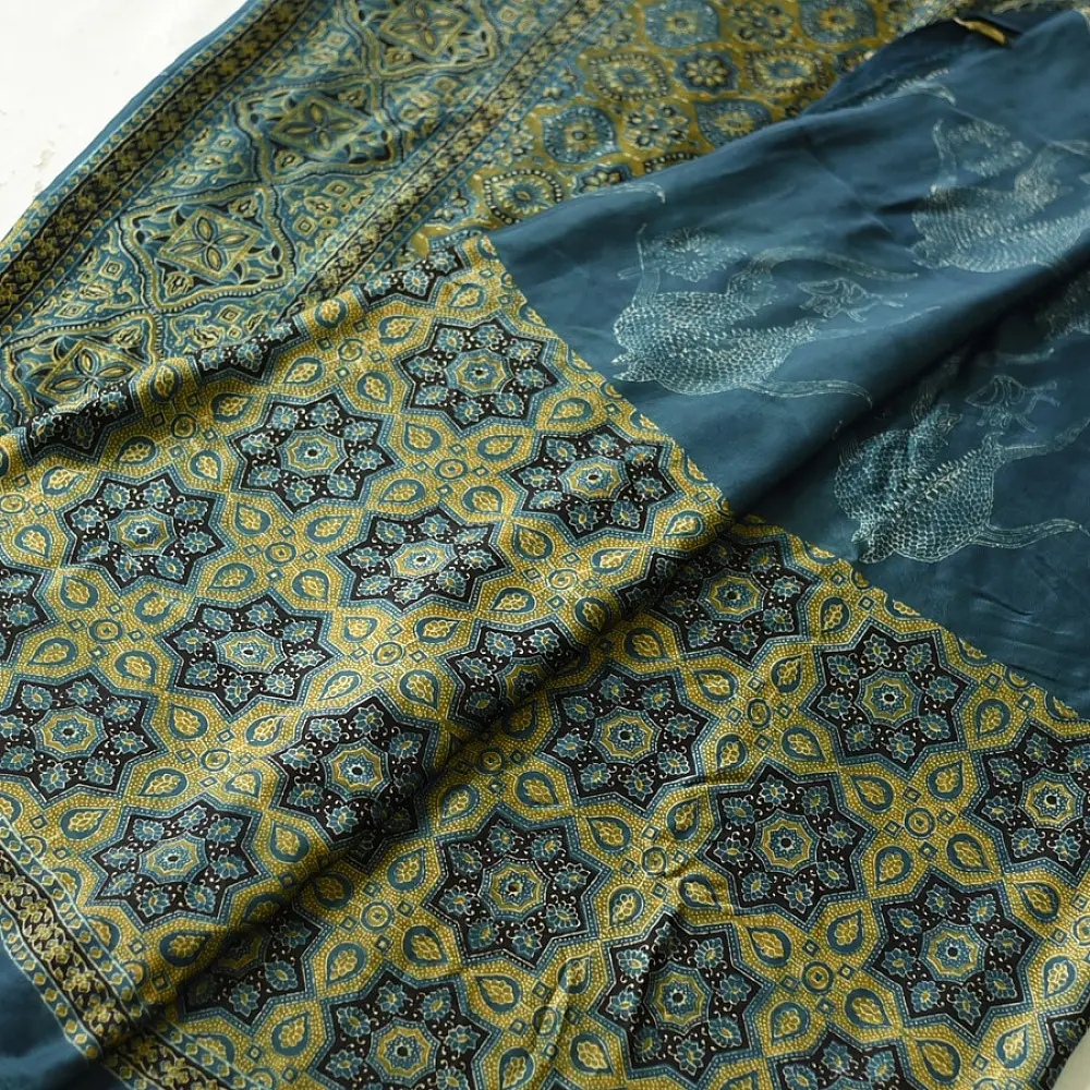 teal blue mustard gold ajrakh saree hand block printed floral medallion jaal traditional geometric borders ethnic wear sustainable fashion natural dyed with tassels