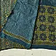 teal blue mustard gold ajrakh saree hand block printed floral medallion jaal traditional geometric borders ethnic wear sustainable fashion natural dyed with tassels