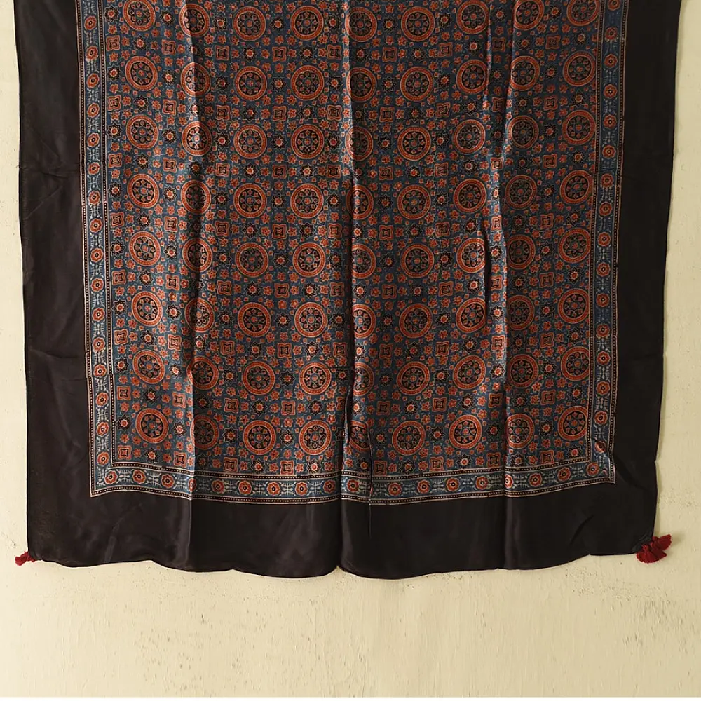 ajrakh silk square scarf orange medallion pattern indigo accents hand block printed natural dyed scarf