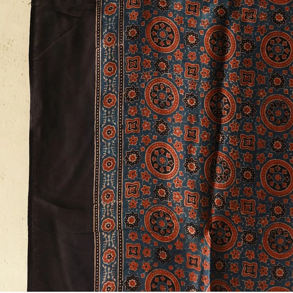ajrakh silk square scarf orange medallion pattern indigo accents hand block printed natural dyed scarf